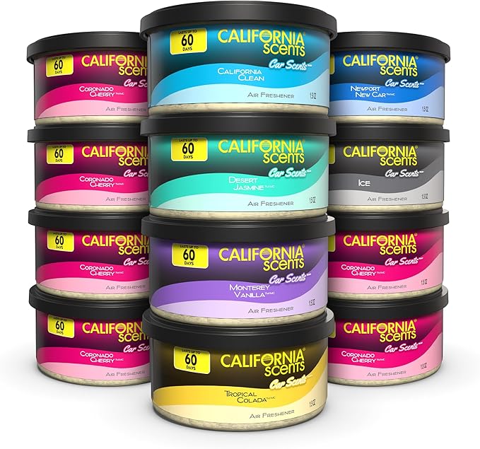 California Scents Can Air Freshener and Odor Neutralizer, Set of 12 Spillproof Cans for Home and Car, Stocking Stuffers, Assorted Scents, 1.5 Oz Each (Packaging May Vary)