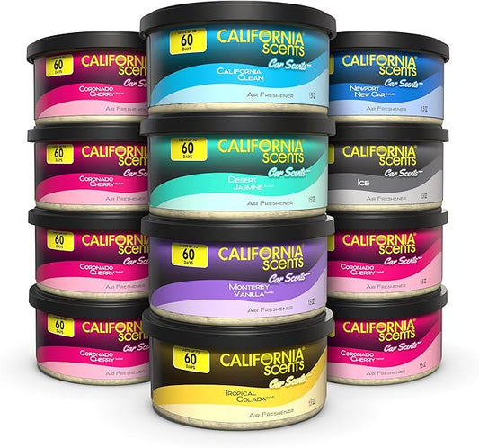 California Scents Can Air Freshener and Odor Neutralizer, Set of 12 Spillproof Cans for Home and Car, Stocking Stuffers, Assorted Scents, 1.5 Oz Each (Packaging May Vary)