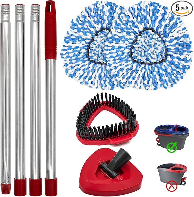 Spin Mop Handle,Mop Heads Replacements,Scrubber Mop Head and Mop Base Combo Set Compatible with Ocedar RinseClean 2-Tank Spin Mop,Mop Replace Head and Scrub Brush Set for Multi-Surface Hard Floor