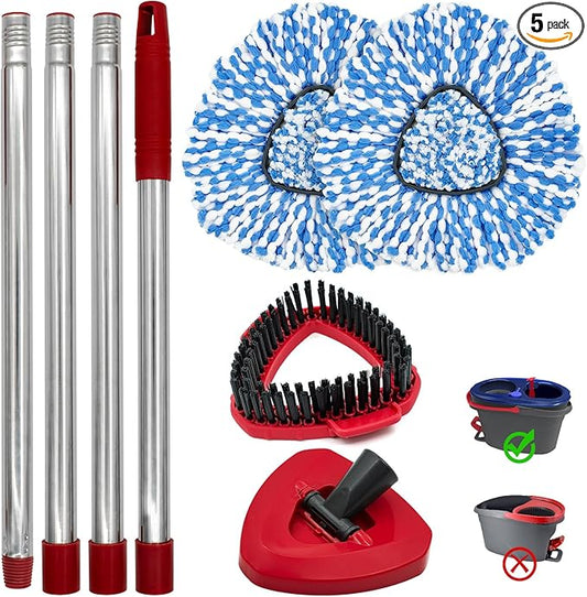 Spin Mop Handle,Mop Heads Replacements,Scrubber Mop Head and Mop Base Combo Set Compatible with Ocedar RinseClean 2-Tank Spin Mop,Mop Replace Head and Scrub Brush Set for Multi-Surface Hard Floor