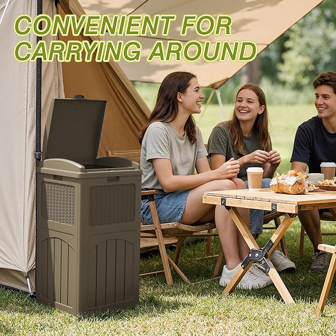 Greesum 33 Gallon Outdoor Trash Can with Lid (2-Pack), Heavy Duty Resin Garbage Bin, Waterproof & UV Resistant for Patio, Garden, Deck, Yard, Light Coffee