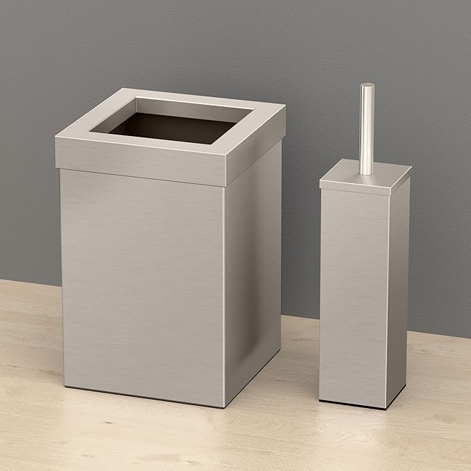 Gatco Modern Square Waste Basket and Toilet Brush Set, Satin Nickel - Stainless Steel Trash Can with Removable Lid, Leakproof, 3 Gallon Capacity for Bathroom, Bedroom, Kitchen, or Office