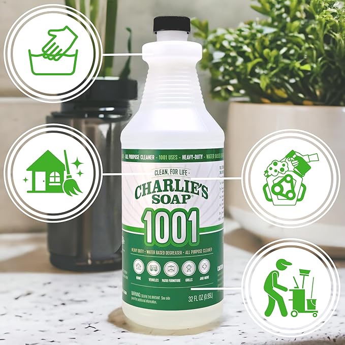 Charlie's Soap 1001 Cleaner - Heavy Duty Biodegradable Concentrated All Purpose Water Based Degreaser (32oz, 1 Pack) - Safe Residential, Commercial, & Janitorial Cleaner