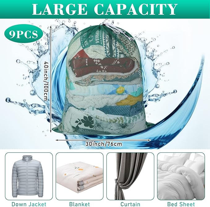 Windyun Mesh Laundry Bag, 9 Pcs 30" x 40" Heavy Duty Large Mesh Laundry Bags Drawstring Lockable Laundry Hamper Liner Machine Washable Bag for Travel Dorm Home College Storage Apartment(Green)