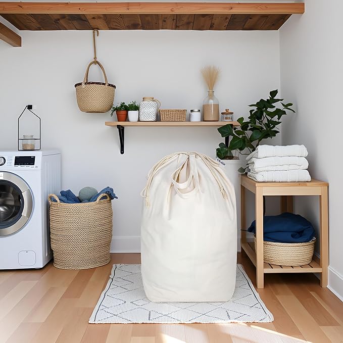 Canvas Laundry Bags with Handles & Square Base 13.8"x 13.8", Large Heavy Duty Laundry Basket Hamper Liner, College Dorm Washable Drawstring Cotton Dirty Clothes Bag (Beige,1 Pack)