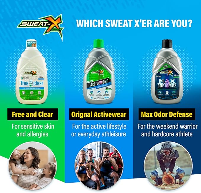 Sweat X Original Activewear Laundry Detergent – Remove the Worst Odors & Toughest Stains – High Performance Sports Wash for Training Gear & All Fabric Types – 45 Loads/Bottle – 4 Pack