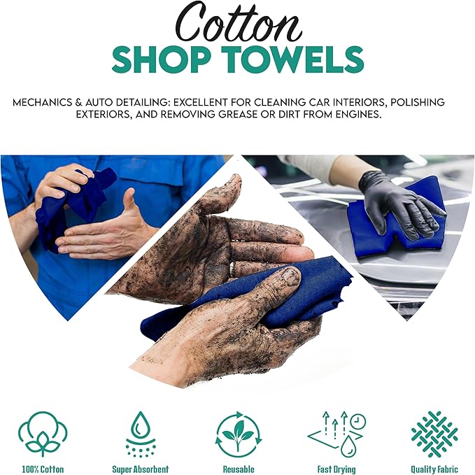 ZUPERIA Cotton Shop Towel – Multipurpose Cleaning Cloths (14" x 12" - Pack of 100 - Blue) Reusable Shop Rags for Automobiles, Industrial, Restaurants, Garage, and Homes