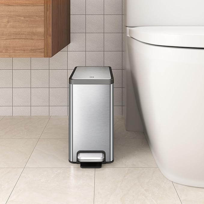 EKO Slim Small Bathroom Trash Can with Lid, Stainless Steel Small Garbage Can with Removable Inner Bucket, 6L / 1.6 Gal, Step On Trash Bin