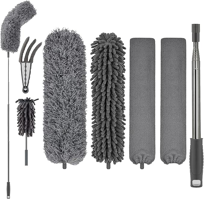 FUUNSOO Microfiber Feather Duster, Duster with Extension Pole 30-100 Inches,Ceiling Fan Cleaner Duster Retractable Gap Dust Brush Cleaner for Cleaning Cobweb,High Ceiling,Blinds, (Dark Gray)