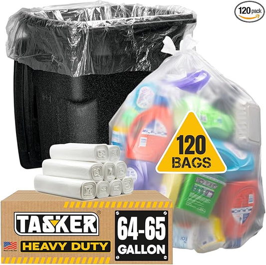 Tasker 64-65 Gallon Clear Trash Bags, Recycling Bag (Huge 120 Count) 60 Gallon Clear Extra Large Recycling Garbage Bags