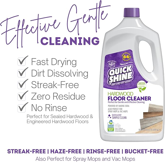 Quick Shine Hardwood Floor Cleaner 64oz | Use in Spray & Vac Mops | Removes Dirt & Scuff Marks | Ready-to-Use, Streak Free, No Rinse | Safer Choice Cleaner |Perfect for Gentle and Effective Cleaning