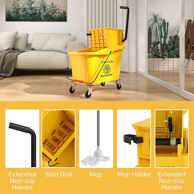 HOMCOM Mop Bucket with Wringer on Wheels for Floor Cleaning, 38 Quart Down Press Wringer with Handle and Mop, Yellow