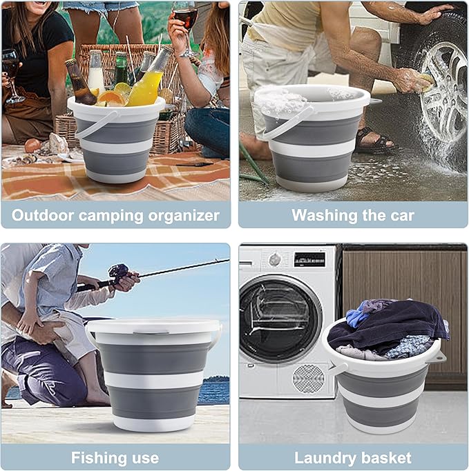 2-Pack Small Collapsible Bucket 1.3 Gal/5L, BPA-Free - Space-Efficient, Portable Foldable Water Pail for Household, Outdoor Use, Car Wash, Camping, Fishing - Duo Colors Grey & Blue