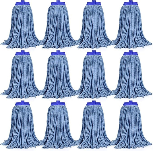 Matthew Cleaning Screw-on Heavy Duty Cotton Wet Mop Replacement Heads(Blue, Large,12 Pack) with 2 Pack Microfiber Cloth for Residential & Commercial Floor Cleaning Use- Fit Standard American Screw