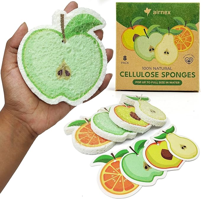 Biodegradable Cellulose Compressed Sponges Bulk - Fruit Shaped Kitchen Pack of 8 - Eco Friendly, Odor Free, Natural, Pop Up Compostable Scrubbers for Washing Dishes