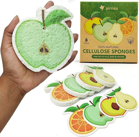 Biodegradable Cellulose Compressed Sponges Bulk - Fruit Shaped Kitchen Pack of 8 - Eco Friendly, Odor Free, Natural, Pop Up Compostable Scrubbers for Washing Dishes