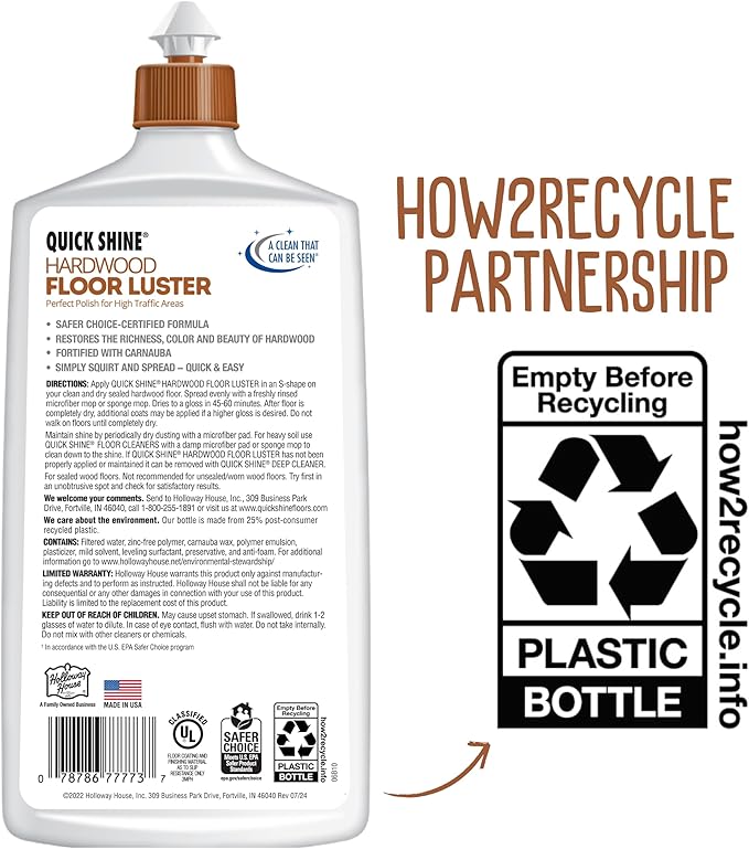 Quick Shine Hardwood Floor Luster-Polish 27oz-2pk | Plant-Derived w/Carnauba | Safer Choice, No PFAS, pH Neutral | Ready to Use Formula w/Anti-Slip Technology | Simply Squirt & Spread | Made in USA