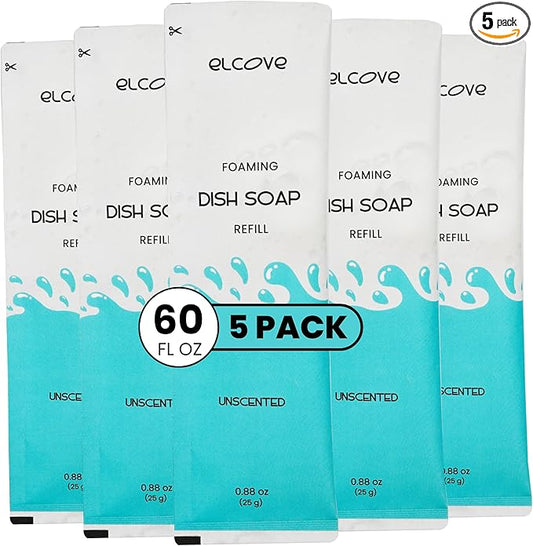 Foaming Dish Soap Refills (5pk), Concentrated Powder Refills Make 5 Bottles x 12oz each of Non Toxic Eco Friendly Unscented Dish Soap, Zero Waste, Plastic Free, Septic Safe