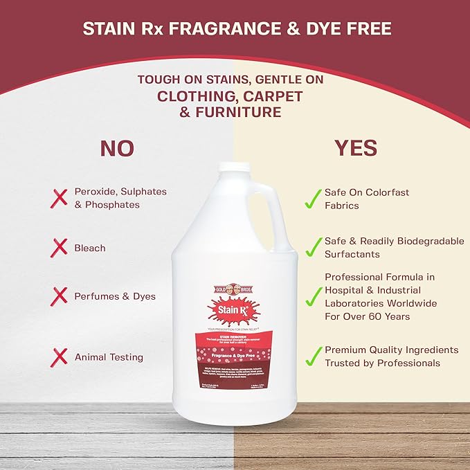 Stain Remover, Effectively Eliminates Stains from Wine, Berries & Blood on Colorfast Fabrics, Carpets, Upholstery & Jewelry, Fragrance Bleach & Dye-Free, Peroxides & Phosphates, 1 Gallon