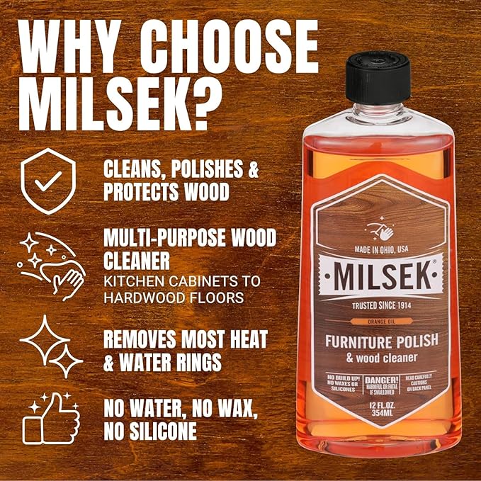 Milsek Furniture Polish and Wood Cleaner with Orange Oil - Multipurpose Cleaning Supplies for Home and Household from Hardwood Floors to Kitchen Cabinets- 12 Fl Oz (Pack of 2) with Microfiber Towel