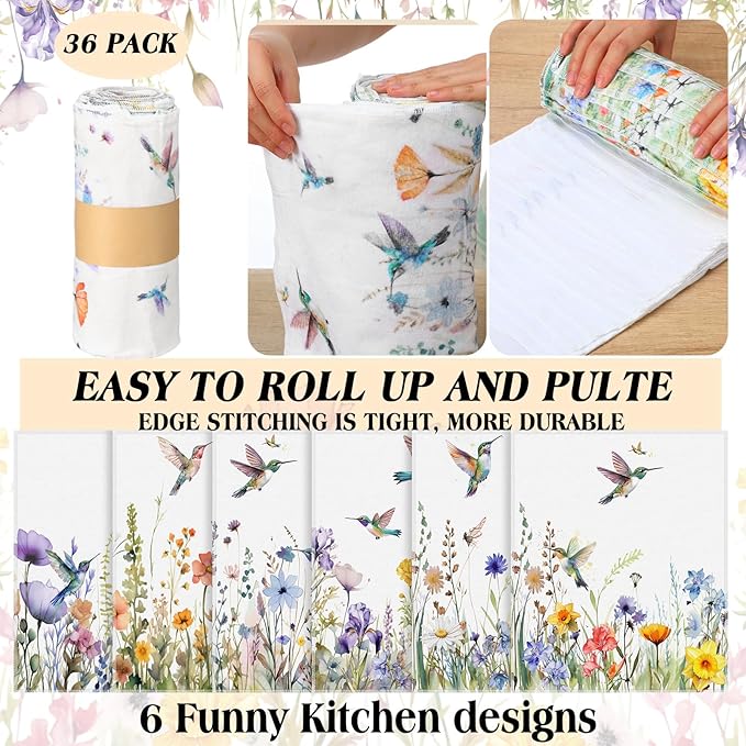36 Pack Reusable Cleaning Cloths Washable Cotton Kitchen Towels for Home(Hummingbird Flowers,Multicolor)