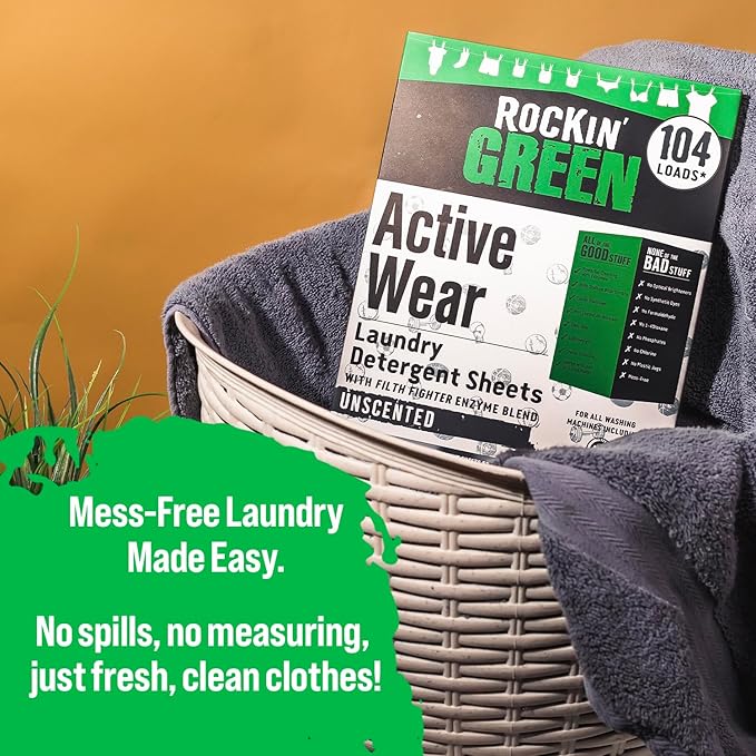 Rockin' Green Active Wear Travel Laundry Detergent Sheets Unscented - Mess-Free Laundry Sheets Detergent with Sodium Bicarbonate - Easily Dissolvable Laundry Soap for Traveling (104 Loads)