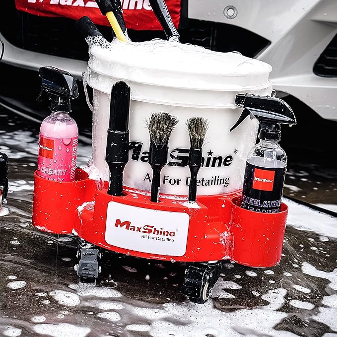 Maxshine 5 Gallon Universal Rolling Bucket Dolly (Red) | Heavy-Duty Detailing Bucket Cart with 5 Wheels & 2 Locking Casters | Mobile Organizer for Compounds, Brushes & Car Wash Supplies
