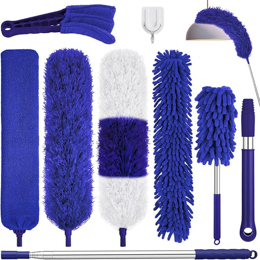 9PCS Dusters for Cleaning,Extendable Microfiber Duster with Extension Pole Up to 100'',Bendable Washable and Reusable Dusters Kit for Ceiling Fans, Blinds, High Ceilings, Furniture,Cars