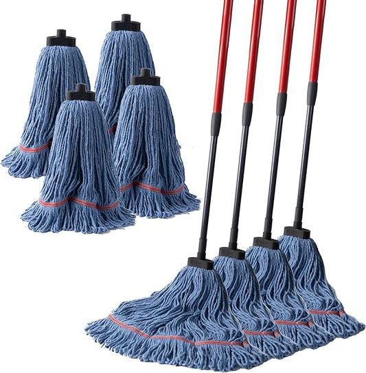 Matthew Large Commercial&Residential Mop Heavy Duty Industrial Mops w/Screw-on Handle(Fit Standard American Screw) Looped-End String Wet Cotton Mops for Home,Office,School - 4 Set&4 Mop Replacements