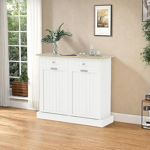 20 Gallon Tilt Out Trash Cabinet, 2-Door Wood Freestanding Garbage Recycling Cabinet with Hideaway Drawer & Pet Proof Design, White Trash Bin Holder for Kitchen, Living Room