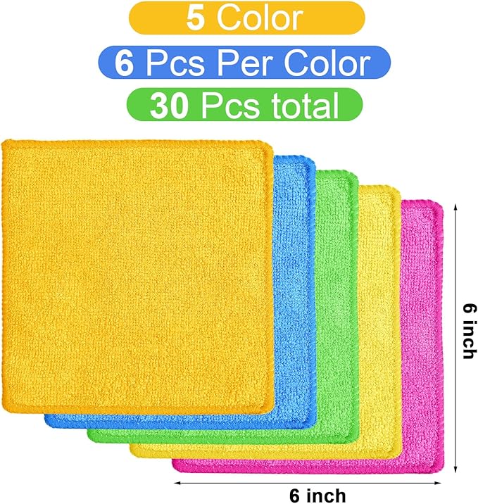 Tanlade Microfiber Cleaning Cloth 6"x6" Cleaning Rags Reasonable Kitchen Towels Microfiber Towels Cars Wash Dry Erase Cloth (Green/Blue/Yellow/Pink/Orange,30 Pcs)