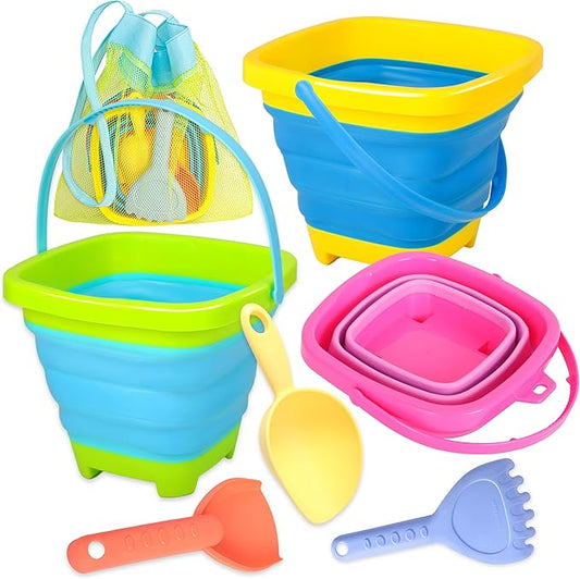 Collapsible Beach Sand Bucket 3 Packs Foldable Buckets Set with Shovels & Mesh Bag Collapsible Beach Toys for Kids Summer Sand Buckets for Kids Cruise Beach Essentials