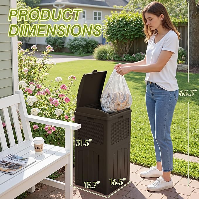 Greesum 33 Gallon Outdoor Trash Can with Lid (2-Pack), Heavy Duty Resin Garbage Bin, Waterproof & UV Resistant for Patio, Garden, Deck, Yard, Brown