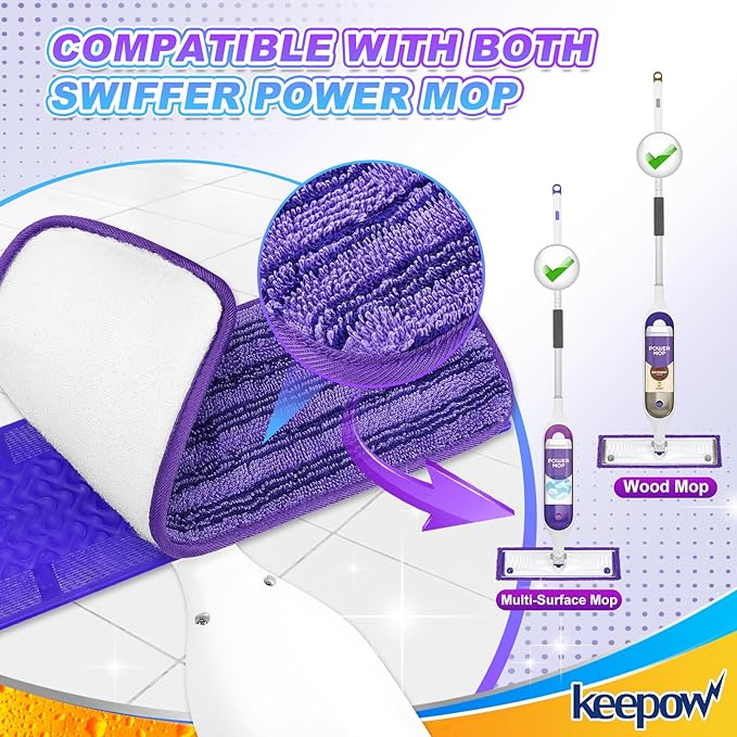 KEEPOW Reusable Power Mop Refill Pads for Swiffer Power Mop, Powermop Mopping Pad Refills for Wood Floor Cleaning, Machine Washable Microfiber Mop Pads for Wet and Dry Use, 2 Pack