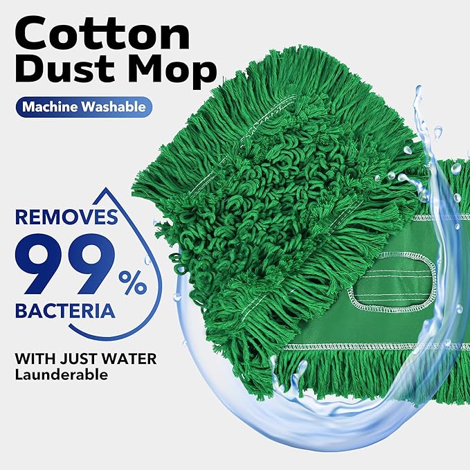 Matthew Cleaning 36'' Industrial Strength Cotton Dust Mop Refill Washable Replacement Heads for Residential & Commercial Use Fit Standard Dust Mop Frames, Hardwood, Concrete Floors Green 3 Pack