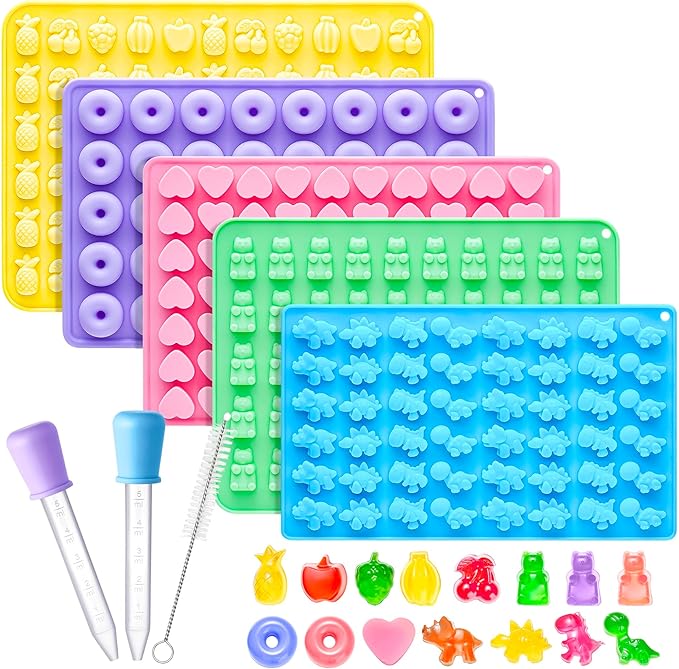 Silicone Gummy Molds Set of 5, Non-stick Candy Chocolate Molds with 2 Droppers 1 Clean Brush, Includes Dinosaur Bear Donut Fruit Heart Shape