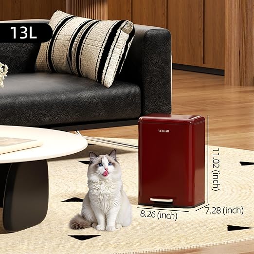 Small Bathroom Trash Can - Mini Step Garbage Can with Lid, Stainless Steel Trash Bin for Bedroom, Office ，Living Room(Red, 6 Liter / 1.6 Gallon)