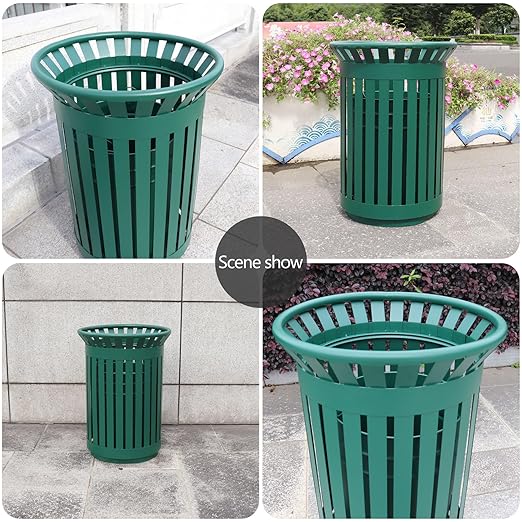 Outdoor Metal Slatted Trash Receptacle,Waste Receptacle，Commercial Trash Cans,Zone Round Garbage Bin,Square Hotel Street Patio Indoor Metal Stan (Big-Green)