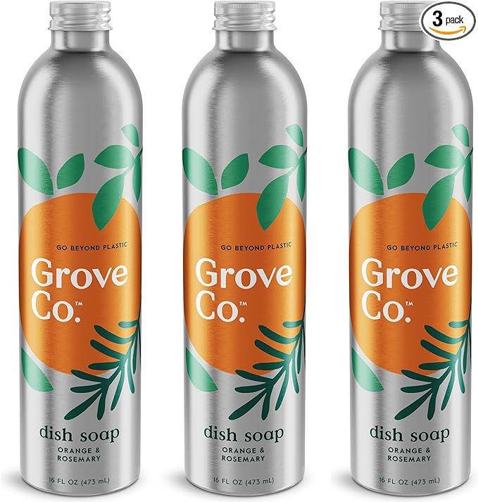 Grove Co. Ultimate Dish Soap Refills (3 x 16 Fl Oz) Removes 48-hr Stuck-on Food & Grease, No Plastic or Parabens, 100% Natural Orange & Rosemary Fragrance