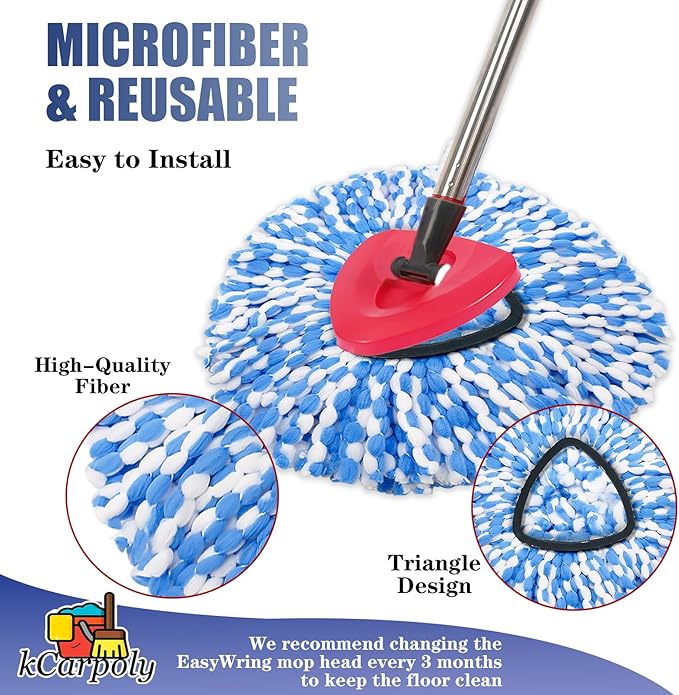 2 Pack Spin Mop Replace Head Compatible for Oceda EasyWring 1 Tank Triangle System, Microfiber Replacement Head Refills for 5.9inch Core, Included Base and 30-58in Handle