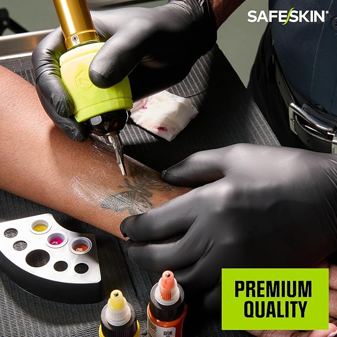 SAFESKIN Black Nitrile Disposable Gloves Powder Free Latex Free Tattoo, Food Prep, 3.5 mil