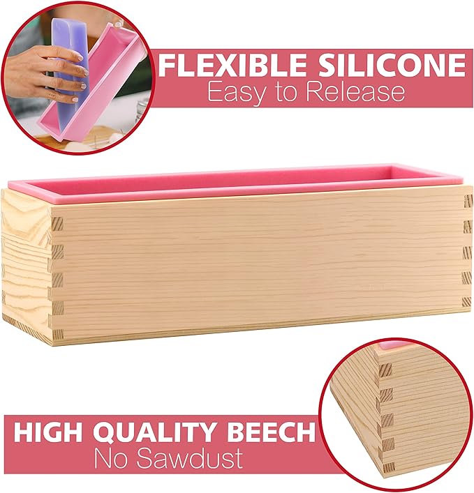 2 pcs Rectangular Soap Molds Kit with Cutters - 42oz Flexible Silicone Loaf Soap Mold with Wooden Box, Stainless Steel Wavy & Straight Scraper for Homemade Craft Soap Making Supplies