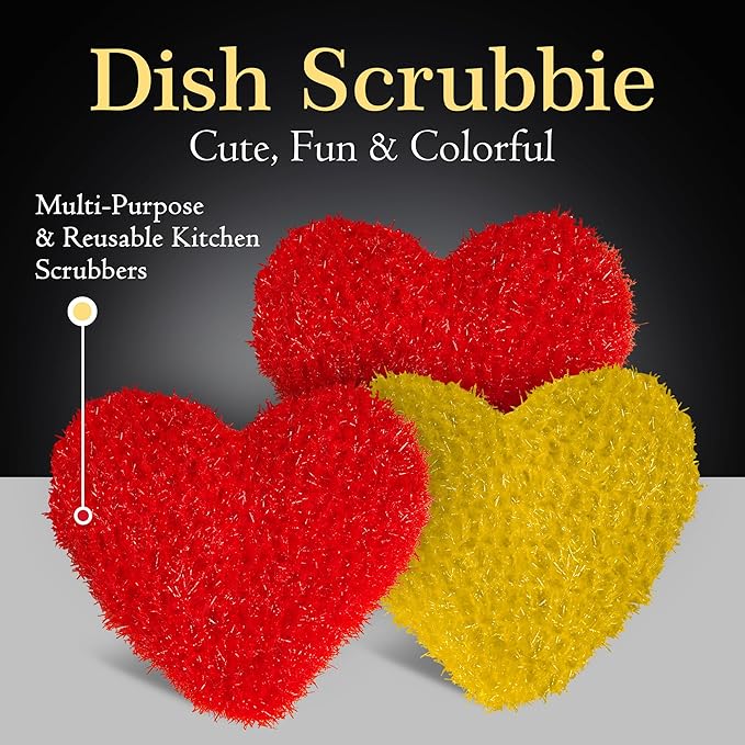 Dish Scrubber–Long Lasting, Non-Scratch, Odorless & Reusable Cookware Scrubber for Kitchen, Bathroom, and Floor–Big & Durable Alternative to Rags & Sponges, Heart Shape (3PK)