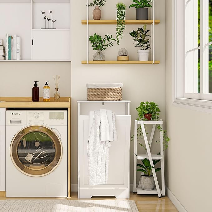 10 Gallon Tilt Out Trash Cabinet, Modern Tilt Out Laundry Hamper Cabinet, Wooden Hidden Trash Can Cabinet with Lid for Bathroom, Living Room, Laundry Room, White