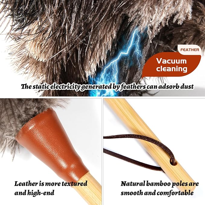 Natural Good Ostrich Feather Duster with Bamboo Handle, Electrostatic Dust Remove for Ceiling，Fans，Bookshelves, Sofa, Windows, Fit for Home, Office and Cars