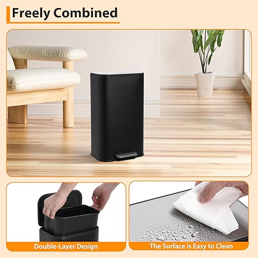 LinTimes Stainless Steel Step Trash Can 8 Gallon (30L) - Soft-Closing Lid, Foot Pedal Operated, Removable Basket,Design for Kitchen, Office, Living Room