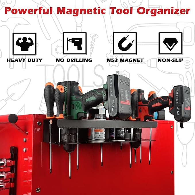 ULIBERMAGNET Power Tool Organizer Rack,Magnetic Heavy Duty Spray Bottle Holder,Wall Mount Metal Tool Rack with Screwdriver,Cordless Drill,Screw,Nail Storage,Utility Rack for Warehouse,Garage,Toolbox