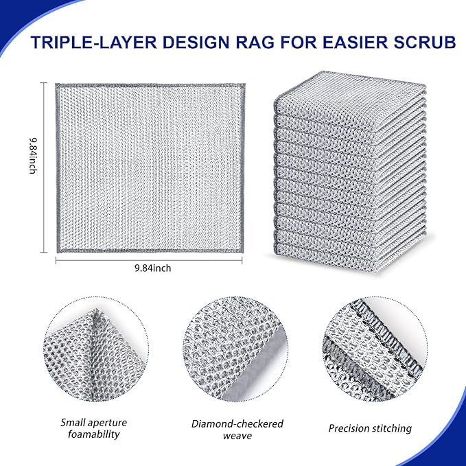 12 PCS 3-Layer Non-Scratch Multipurpose Steel Wire Dishcloths - Reusable Quick-Dry Odor-Free Scrub Cloths for Dishes, Kitchen Cleaning Cloths for Cookware, Sinks, Stove Tops(9.84X9.84)