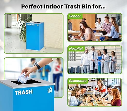 Alpine Commercial Indoor Recycle Bin with Lid - 29 Gallon Blue Recycle Bin Recycle Trash Can Office Recycling Bins, Metal Recycling Container with Stickers & 3 Optional Lids Sold Separately