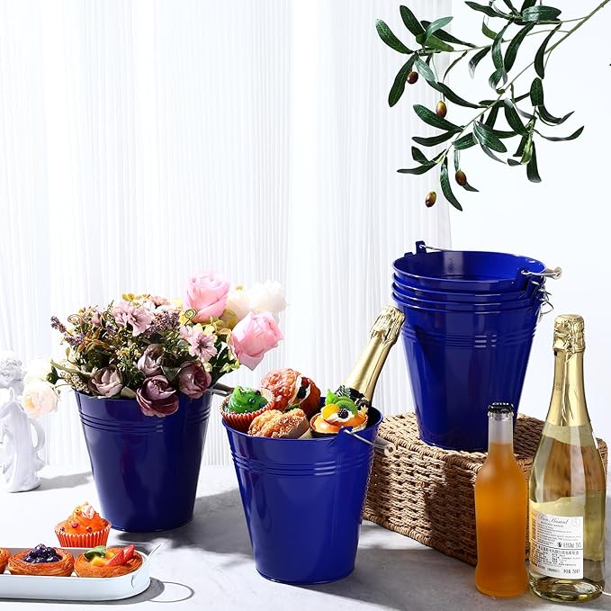 Zopeal 6 Pcs Large Metal Bucket Beer Bucket Galvanized Steel Pail with Handle for Gifts Basket Ice Candy Party(7.4 x 7.2 x 4.6 Inch,Dark Blue)